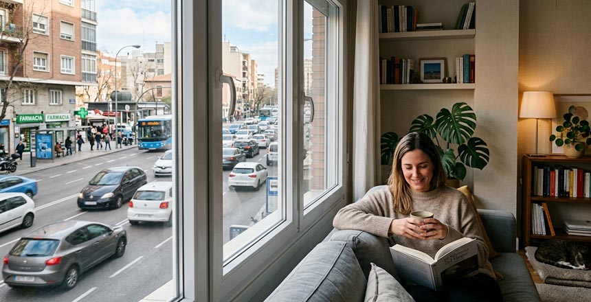 Ventana de PVC instalada en vivienda junto a una avenida con tráfico