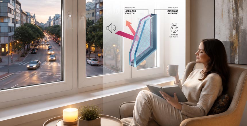 Detalle de vidrio laminado acústico en ventana de PVC CESVENT