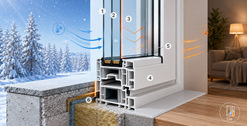 Sección de ventana de PVC Kömmerling mostrando vidrio, cámara y perfil multicámara