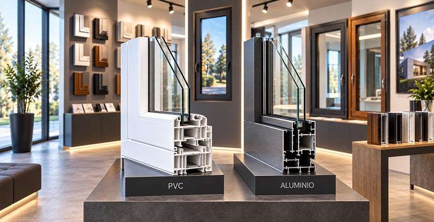 Comparativa de perfiles de ventana de PVC y aluminio en exposición de tienda CESVENT