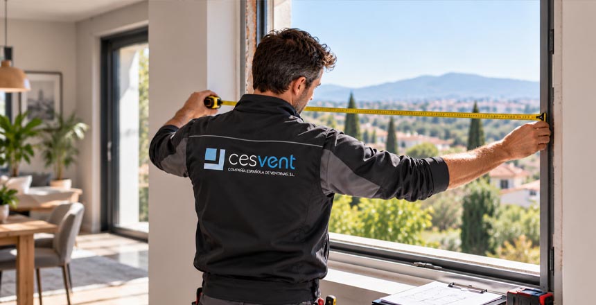 Técnico de CESVENT midiendo el hueco de una ventana durante la visita para el presupuesto