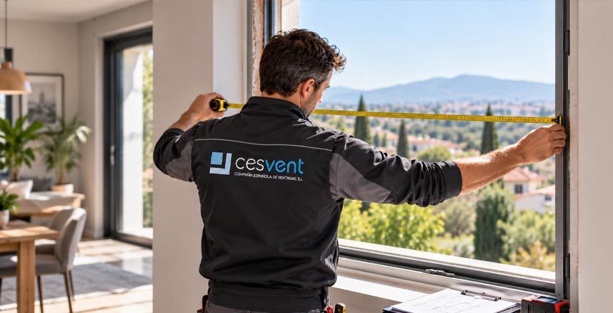 cuanto-cuesta-cambiar-ventanas-cesventpvc Técnico de CESVENT midiendo el hueco de una ventana durante la visita para el presupuesto