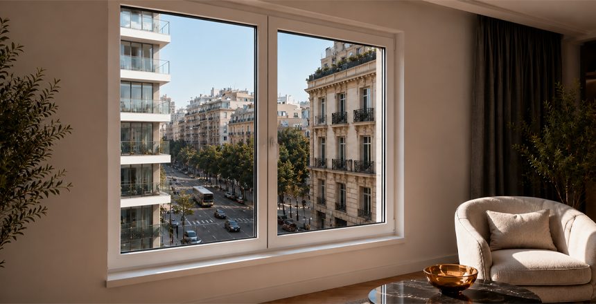 Ventana de PVC CESVENT con vidrio acústico laminado instalada en vivienda urbana